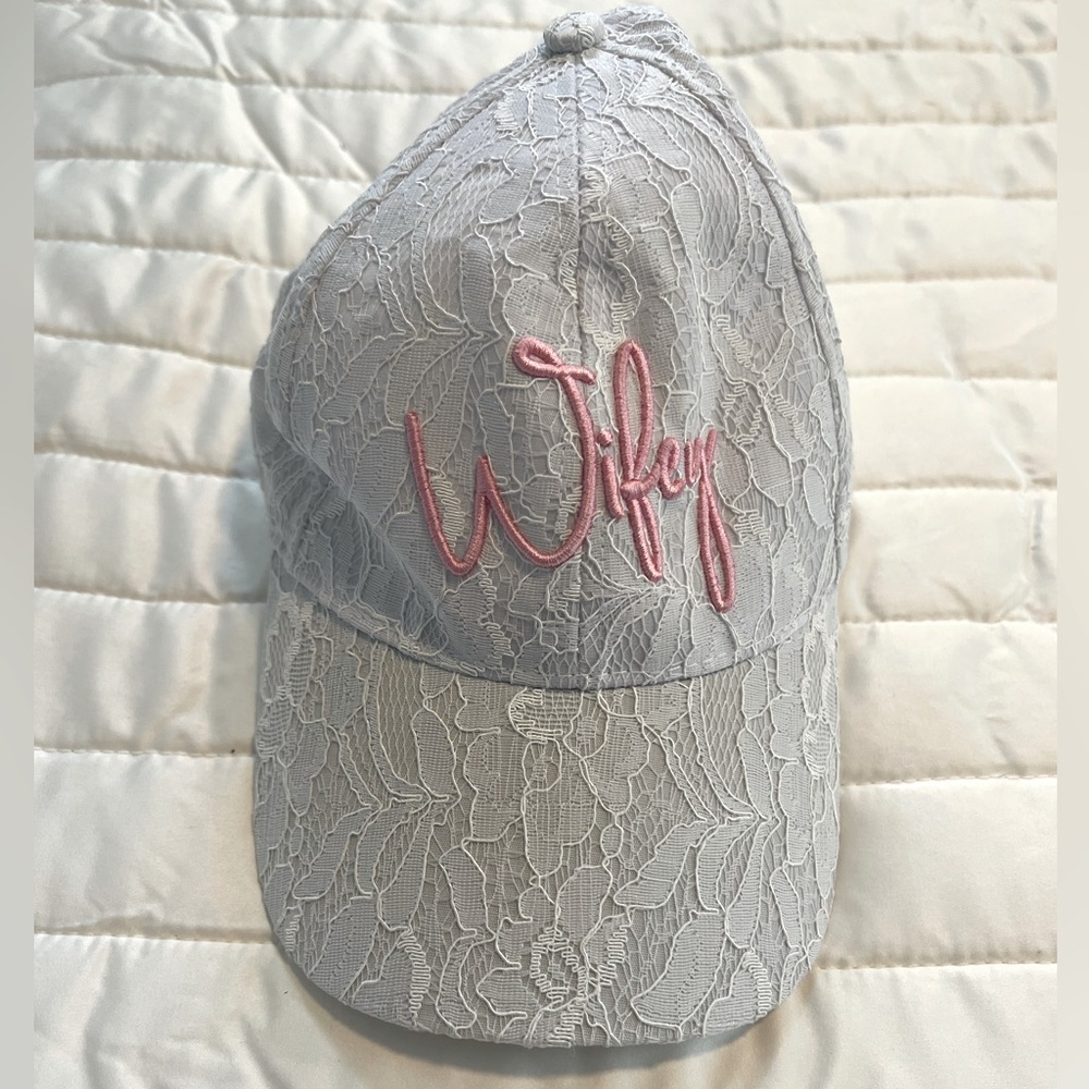 Miss to Mrs white lace baseball style hat with pink Wifey embroidered on front